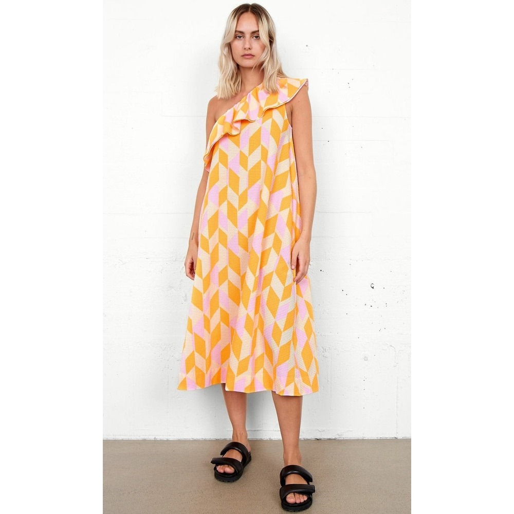 Second Female Dorit Dress M Orange Pink One‎ Shoulder Ruffle Geometric Midi